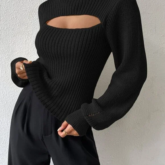 Black Casual Women's Long Sleeve Turtleneck Sweater with Cut Out Eyelet - Picture 7 of 7